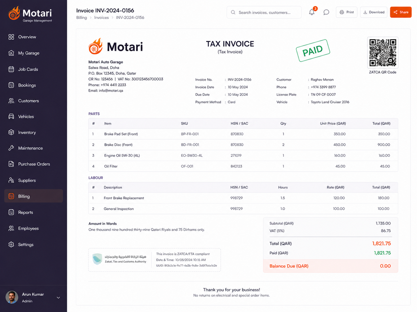 Compliant billing in Motari